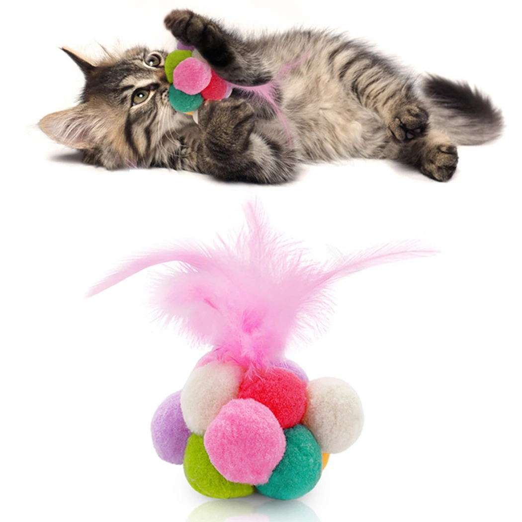Игрушки для кошек Многоцветный Плюшевый Мяч, Колокольчик из искусственного Пера, Жевательная игрушка для кошек, Играющих с Котенком, Интерактивные Товары для домашних кошек