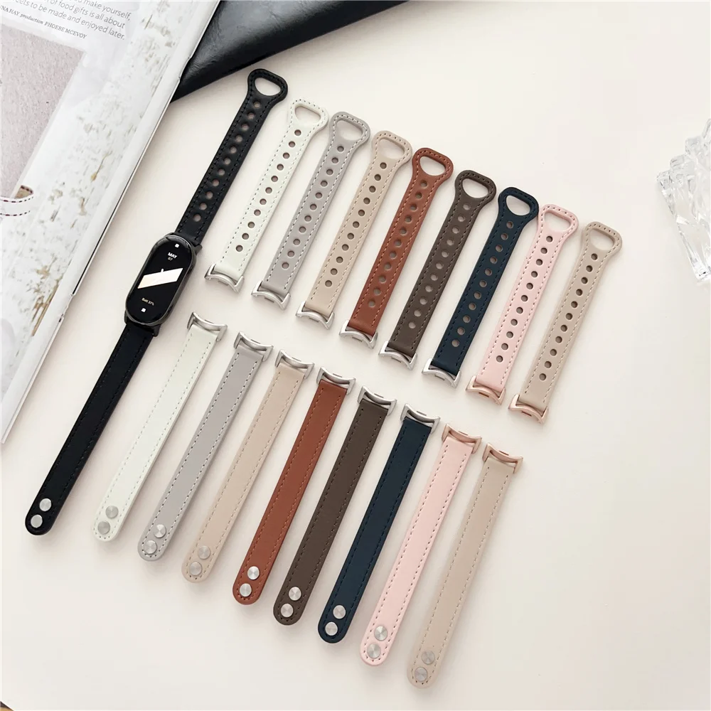 Кожаный Ремешок-Напульсник Для Xiaomi Mi Band 8 7 Аксессуары Для Xiaomi Smart Wrisband Mi Band 6 5 4 Модный Металлический Защитный Ремешок
