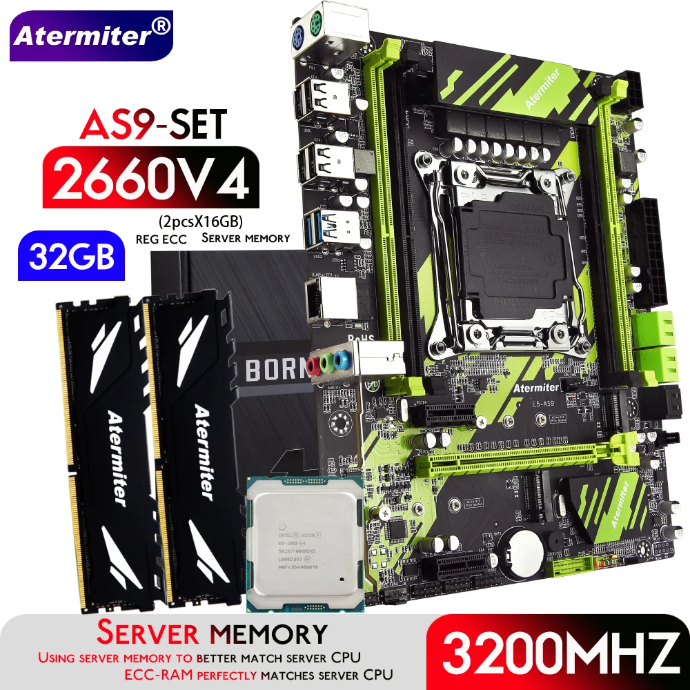 Комплект материнской платы Atermiter X99 AS9 с процессором Xeon E5 2660 V4 CPU LGA2011-3 DDR4 32 ГБ (2X16 ГБ) оперативной памяти 3200 МГц REG ECC