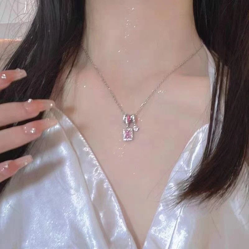 Корейское модное ожерелье с подвеской из радужного кубика сахара и циркона для женщин розового и синего цвета, милая крутая цепочка для ключиц для девочек, ювелирные изделия