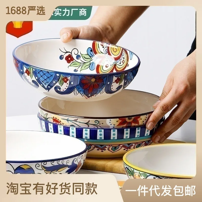 Креативная керамическая тарелка для супа, ручная роспись, 8-дюймовая глубокая тарелка, западная посуда, круглое домашнее блюдо, тарелка для салата, тарелка