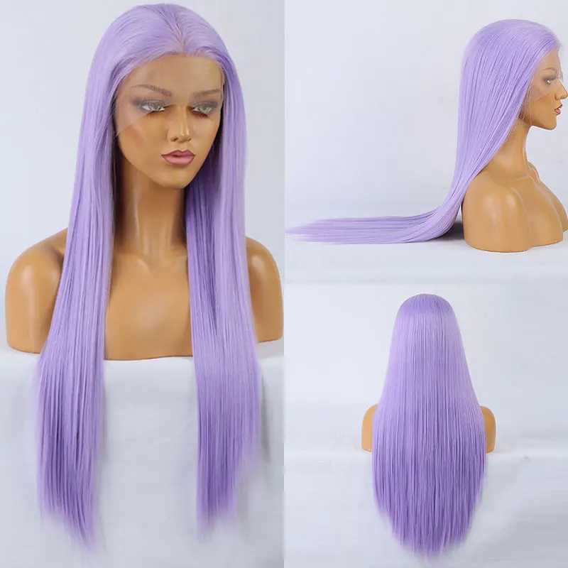 Лавандово-фиолетовый парик из синтетических волос на кружеве, прямое термостойкое волокно, натуральная линия роста волос, свободный пробор для белых женщин, парики