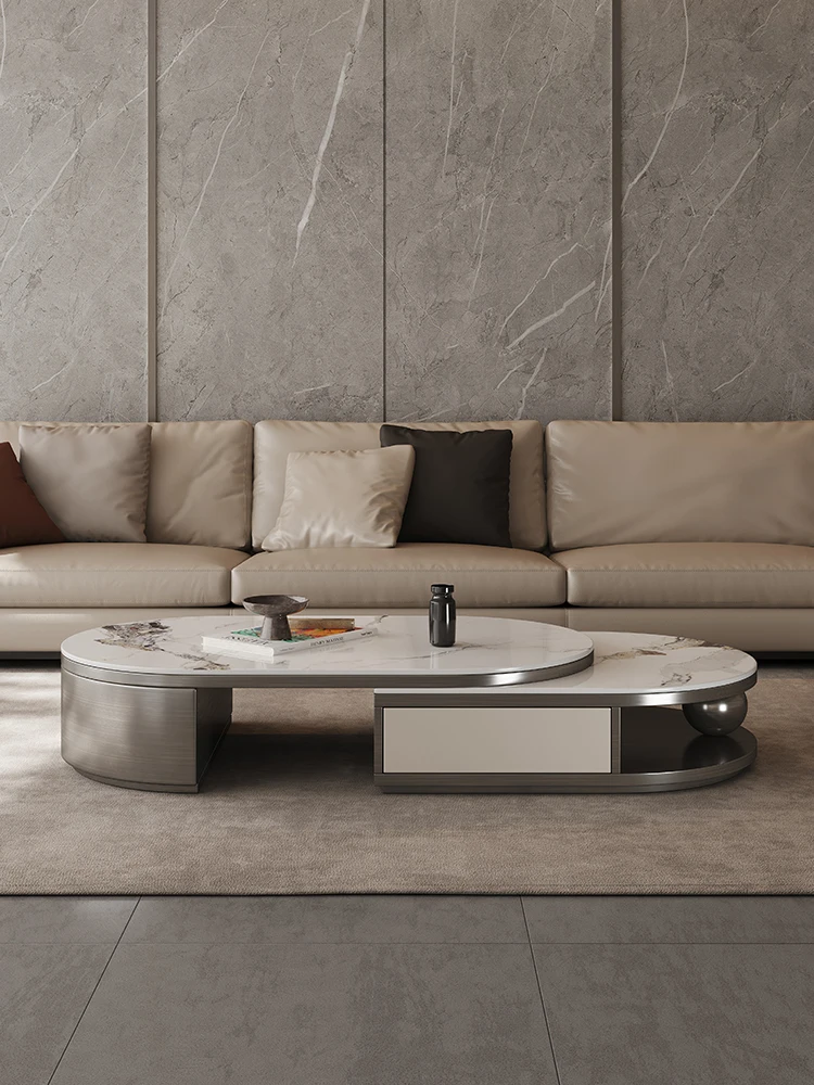 Легкий роскошный выдвижной чайный столик из овальной каменной плиты Современный и простой чайный столик для гостиной
