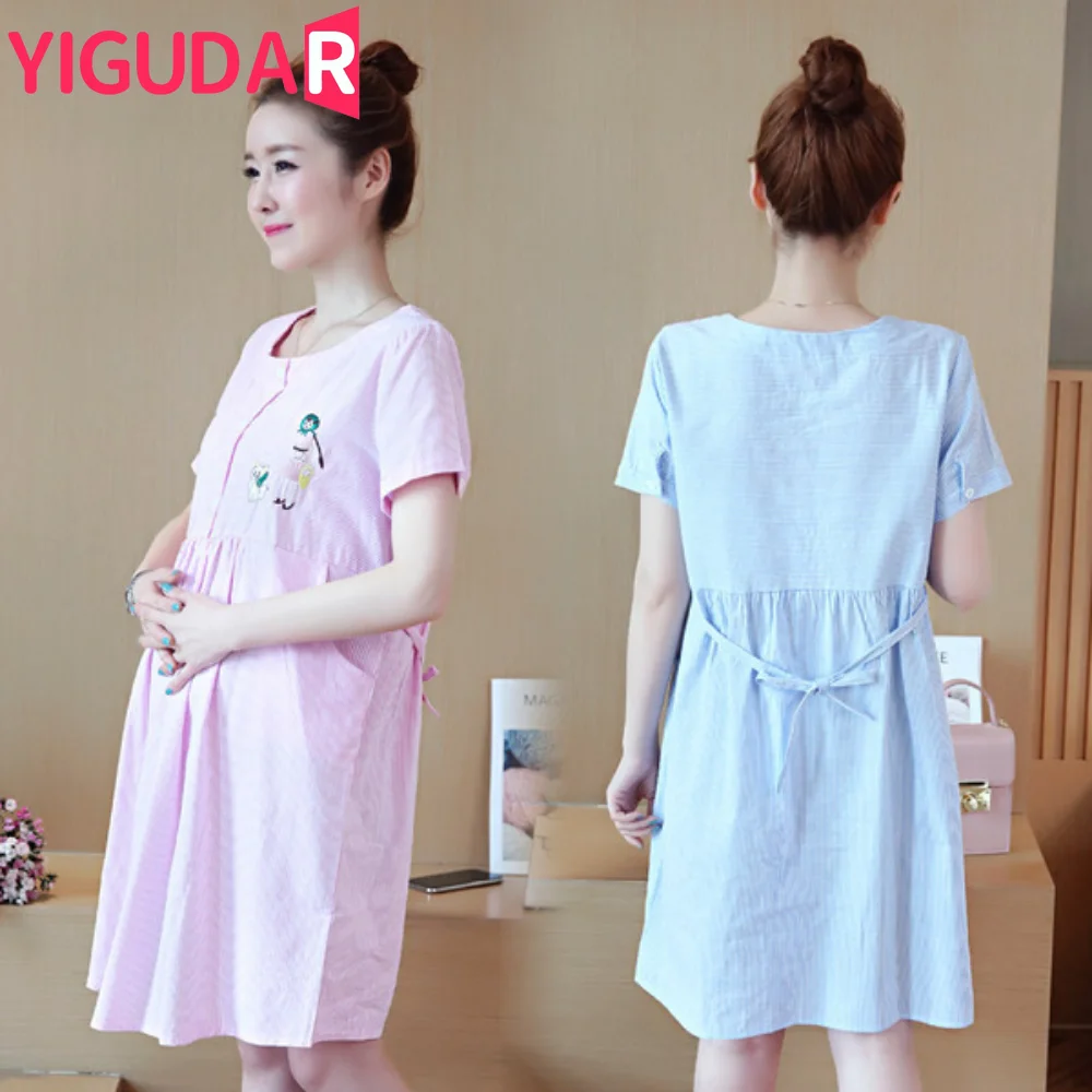 Летнее платье для беременных в корейском стиле, облегающая одежда с V-образным вырезом для беременных, платье для беременных в полоску с коротким рукавом, vestido