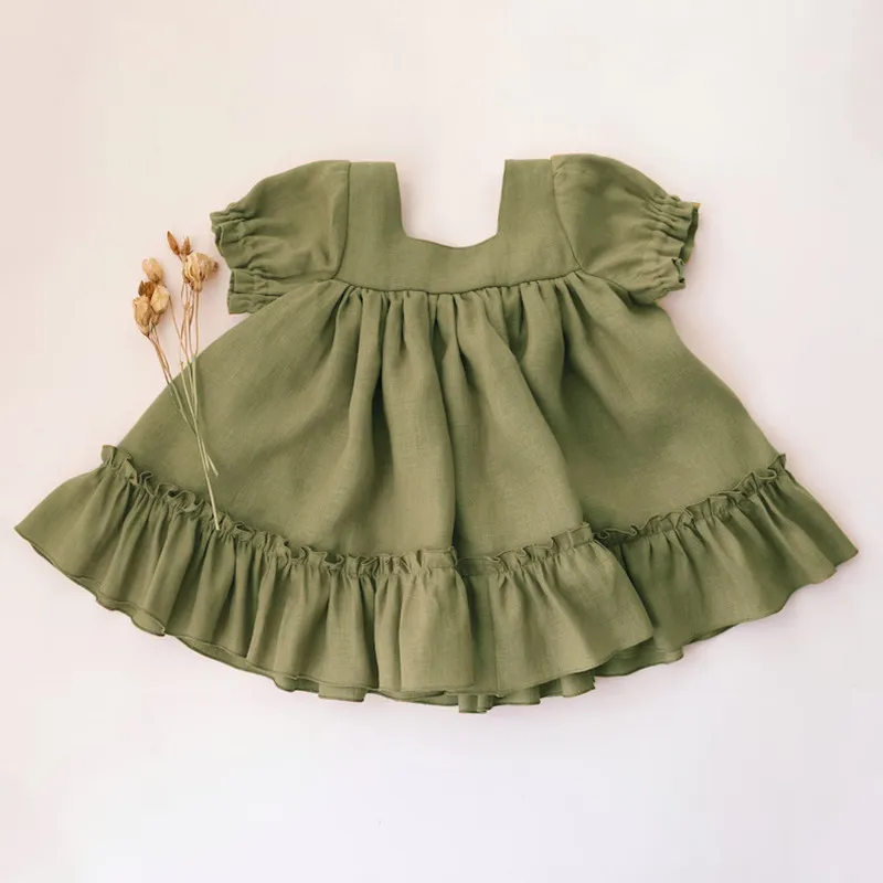 Летнее платье для маленьких девочек, хлопковое льняное детское пляжное платье с коротким рукавом, однотонная повседневная одежда для девочек