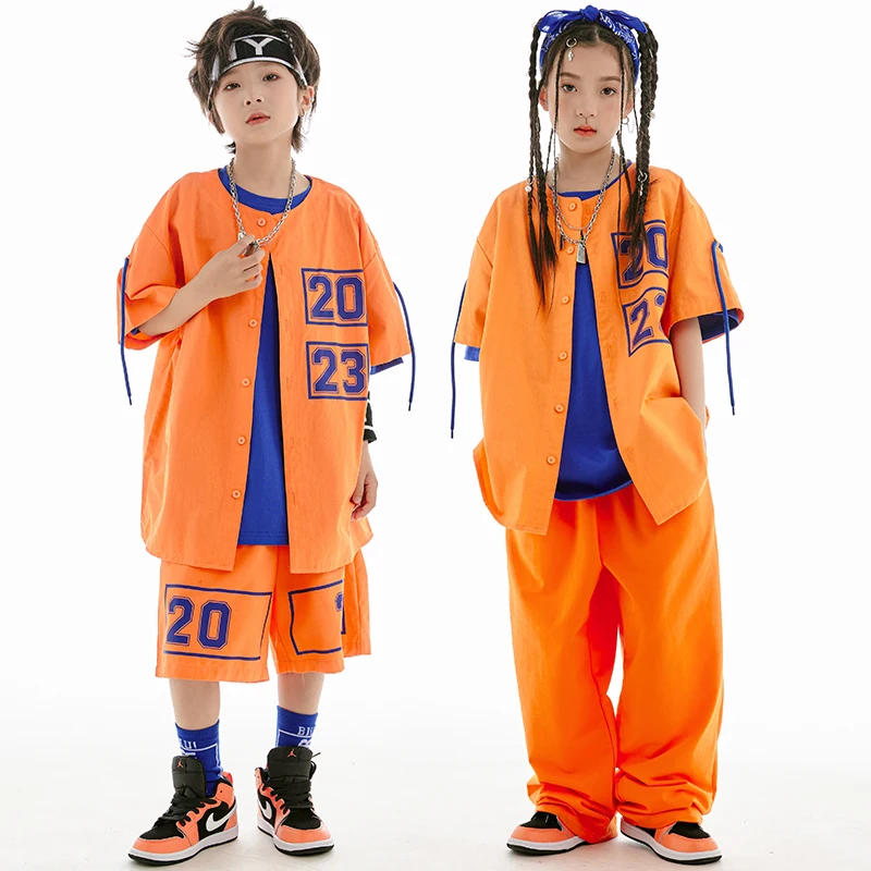 Летняя детская одежда в стиле хип-хоп, Свободные оранжевые пальто и брюки, костюм для джазовых уличных танцев для девочек, костюм для мальчиков в стиле хип-хоп, рейв BL10463