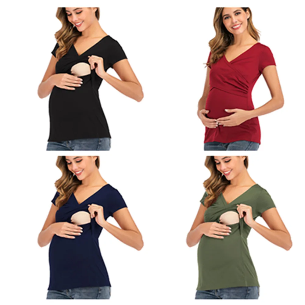 Летняя новая женская футболка для беременных с V-образным вырезом, летние топы для кормящих, футболка для грудного вскармливания, одежда для беременных