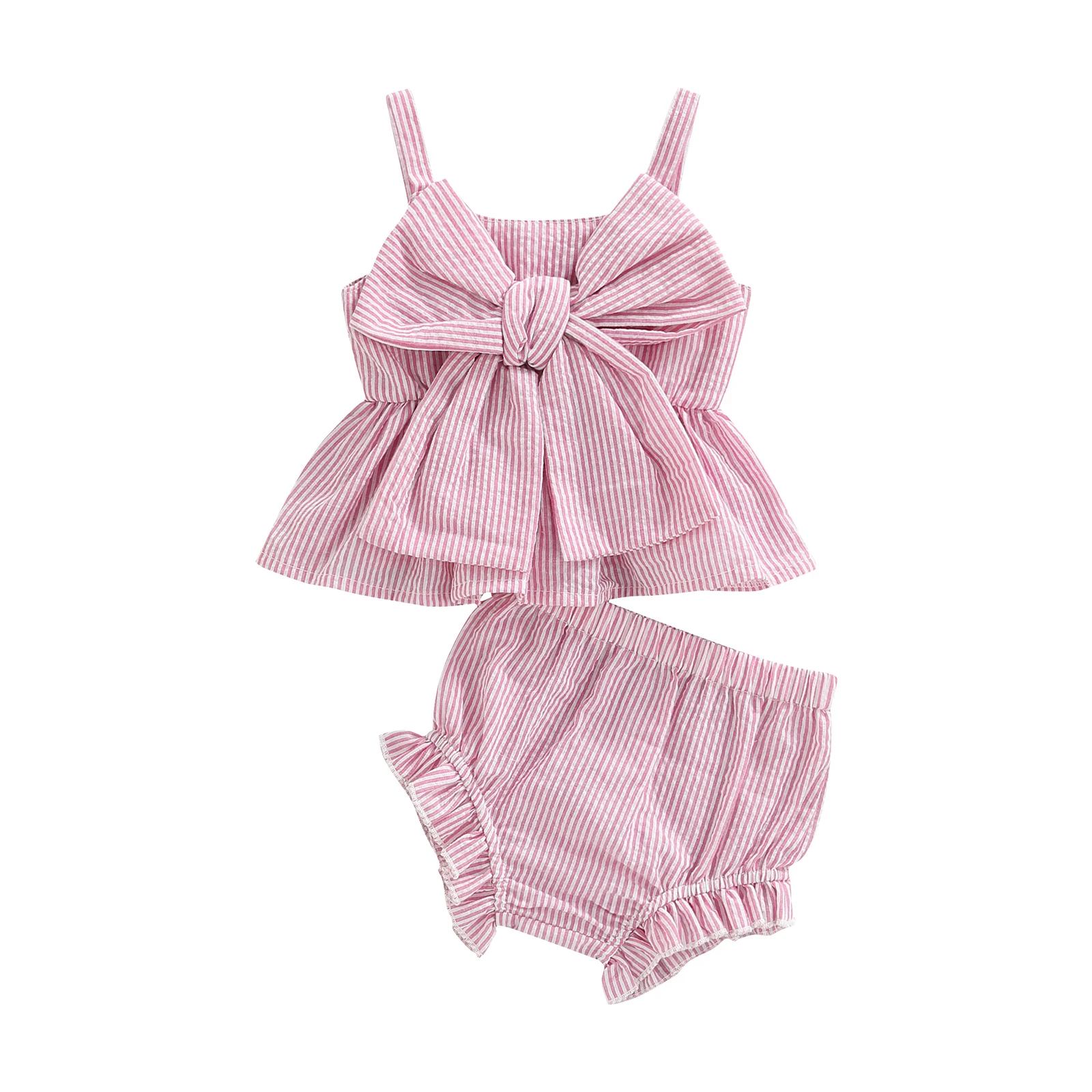 Летняя одежда для Новорожденных девочек, комплекты из 2 предметов, Розовый Камзол без рукавов с бантом + Полосатые шорты из полипропилена с рюшами