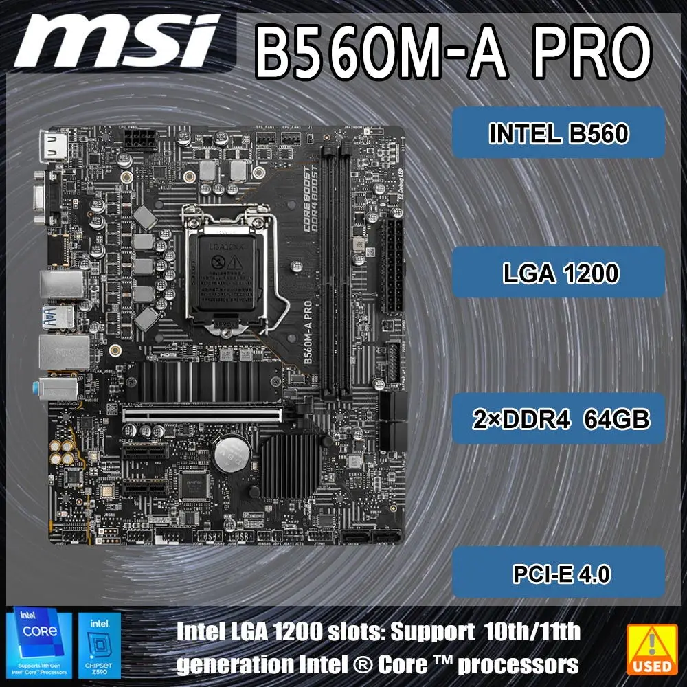 Материнская плата MSI B560M-A PRO LGA 1200 оснащена чипсетом Intel B560, процессором 11-го поколения, 2 × DDR4 64 ГБ PCI-E 4.0, 1 × M.2SATA III Micro ATX
