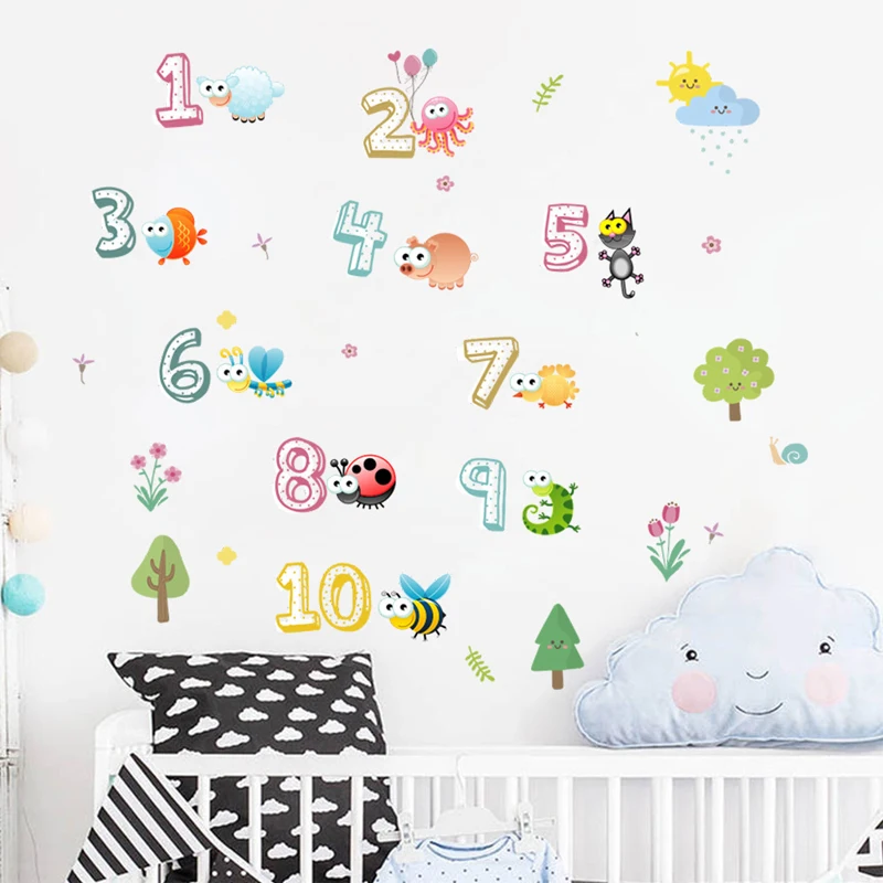 Милые животные с арабскими цифрами, наклейки на стены для детского сада, Классная детская комната, украшение дома, настенная роспись для детской