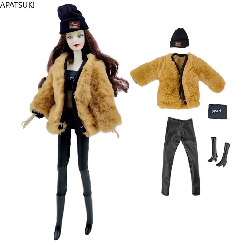 Модный комплект одежды для куклы из коричневого меха для куклы Барби, аксессуары для кукол 1/6 для Барби, пальто, укороченные брюки, Шляпа, ботинки