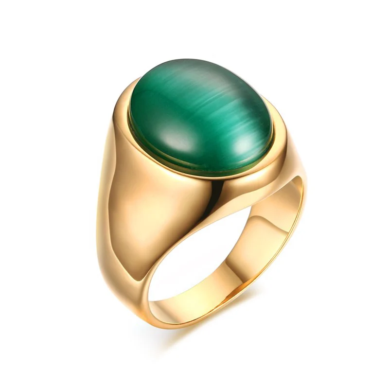 Мужские кольца с зеленым овальным камнем кошачий глаз золотого цвета, кольцо с искусственным опалом из нержавеющей стали, оптовая продажа с фабрики