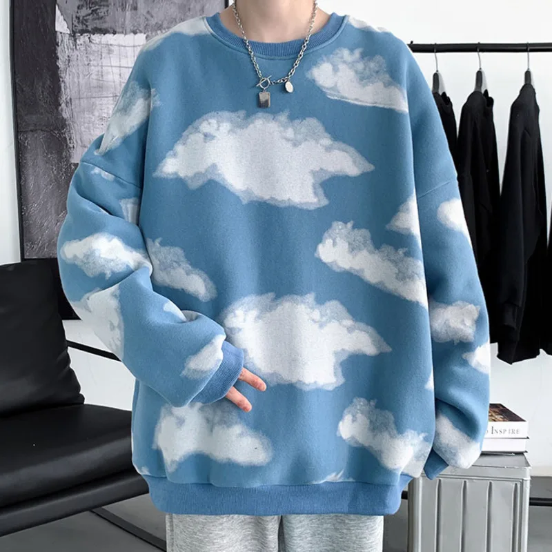 Мужские толстовки Оверсайз в стиле Харадзюку с изображением облака, осенние Корейские пуловеры с круглым вырезом, Уличная одежда, Повседневные топы Унисекс