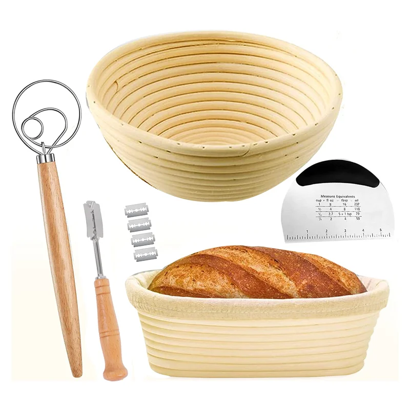 Набор корзин для расстойки хлеба из 2 штук с начальным набором-Инструменты для круглой и овальной формы для выпечки хлеба -Скребок для замеса теста для хлеба
