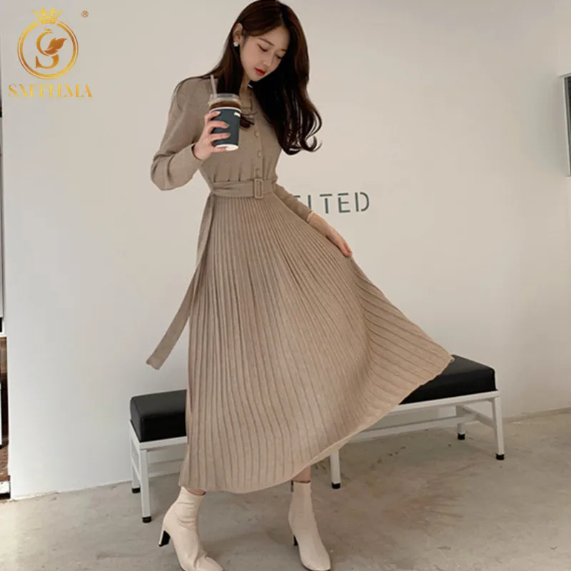 Новое осеннее Корейское трикотажное женское длинное плиссированное платье, женское однобортное платье трапециевидной формы с длинным рукавом, элегантное Женское платье Vestidos