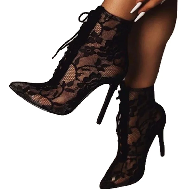 Новые черные сетчатые женские ботинки для зрелых женщин, туфли-лодочки на высоком каблуке с цветочной шнуровкой, тонкие туфли на высоком каблуке с острым носком, вечерние свадебные туфли