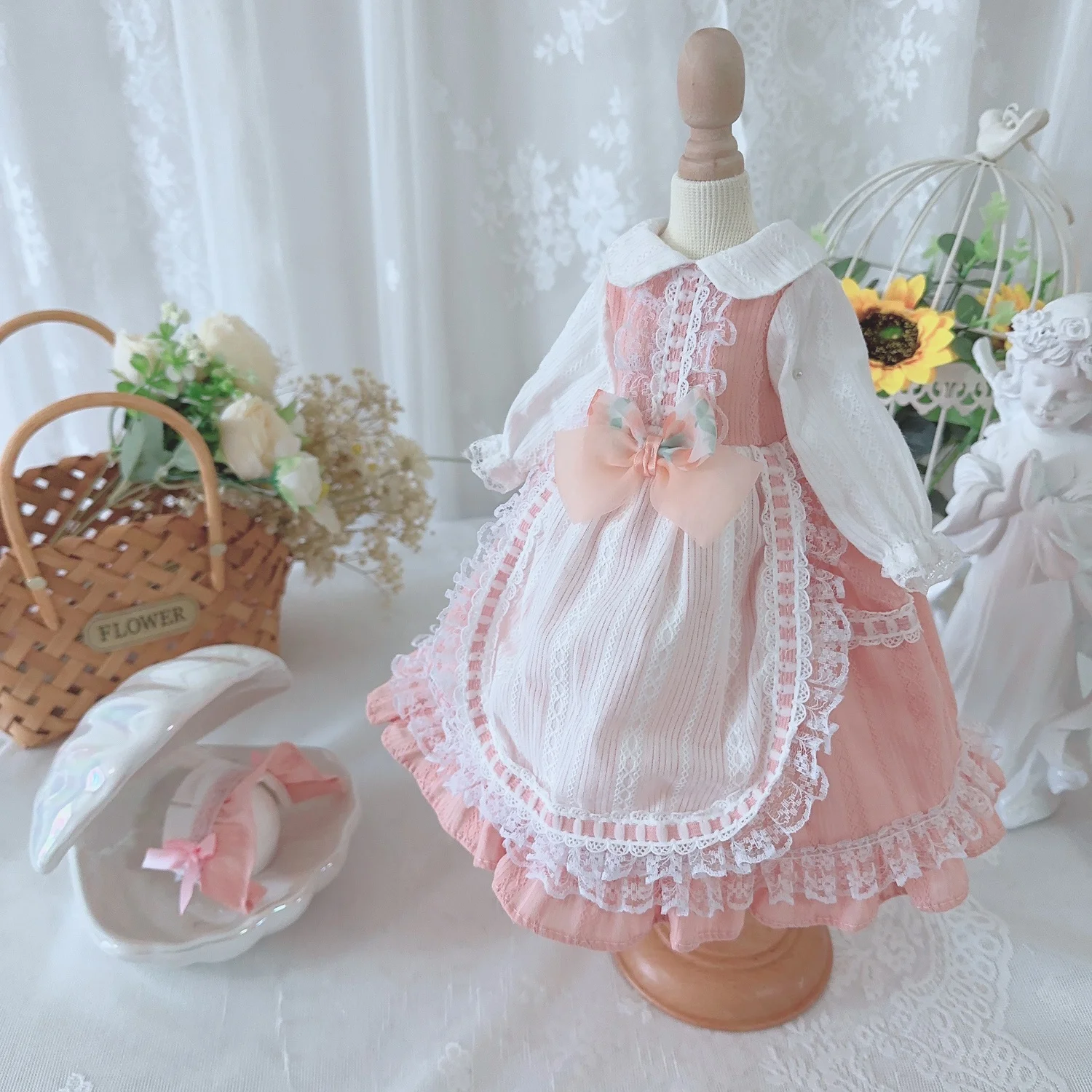 Одежда для куклы BJD, подходящая для размера 1/3 1/4 1/6, розовая юбка с длинными рукавами и бантом, платье в стиле пэчворк, аксессуары для куклы