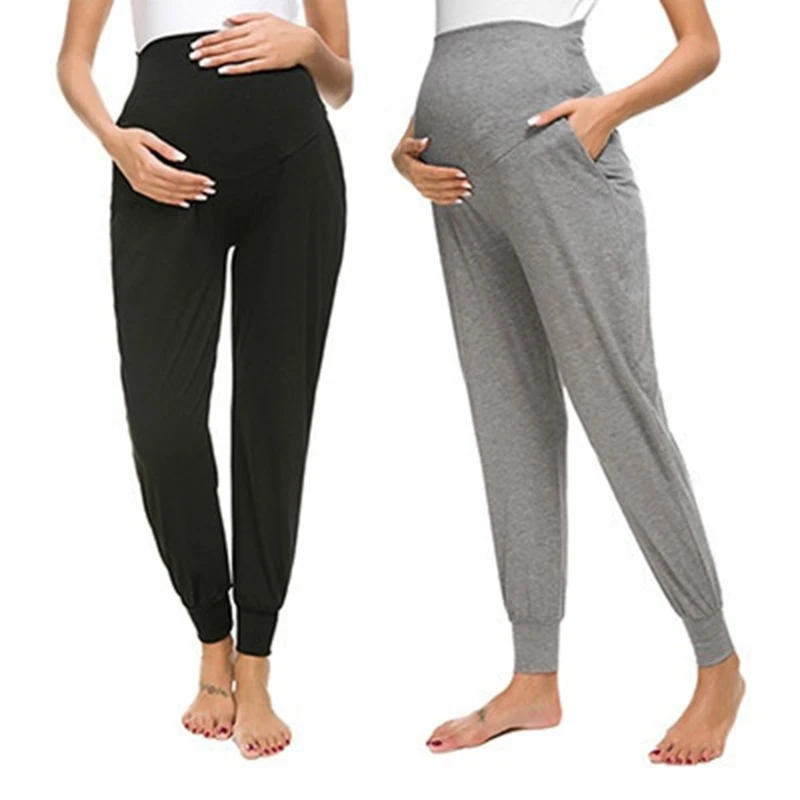Осенние брюки для беременных, однотонные брюки с карманами, брюки с высокой талией, повседневные леггинсы для беременных женщин