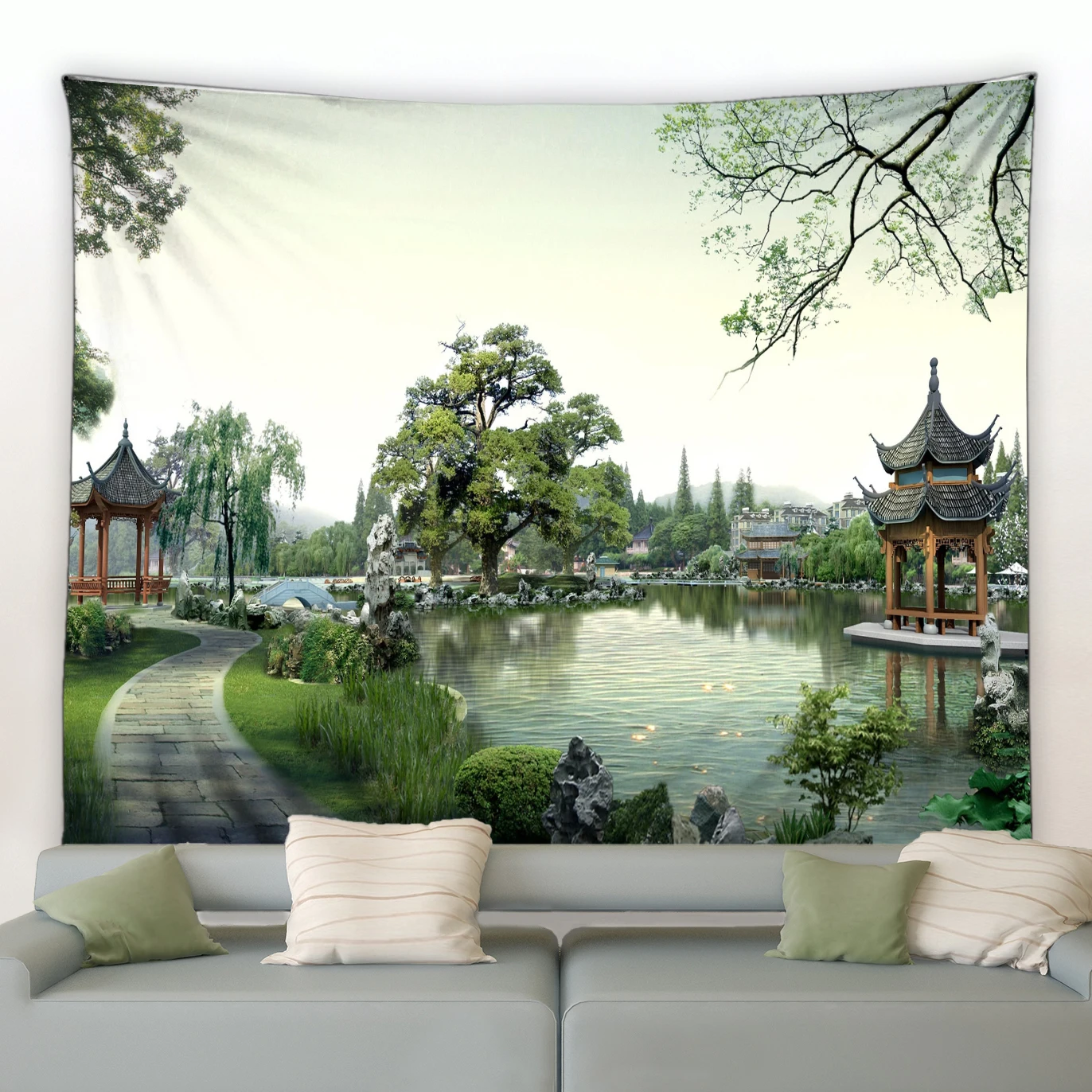 Парк природный ландшафтный гобелен Речной павильон Зеленые растения Цветы Украшение пейзажа в китайском стиле Домашний настенный гобелен