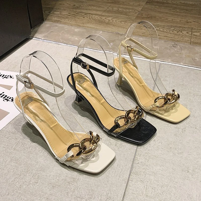 пикантные босоножки на высоком каблуке с металлическими цепочками, женская обувь для вечеринок с ремешком на щиколотке, новые летние дизайнерские прозрачные сандалии-гладиаторы mujer