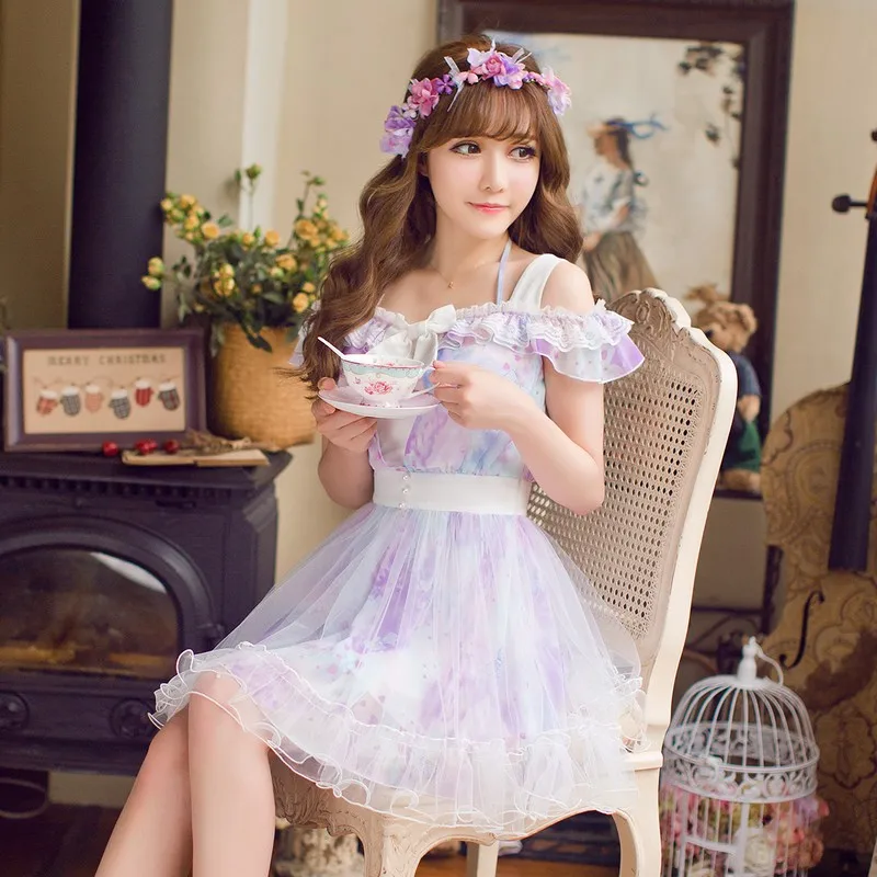 Платье принцессы сладкой лолиты Candy rain в японском стиле из сладкого кружева и шифона, платье принцессы без рукавов с поясом, C16AB6082