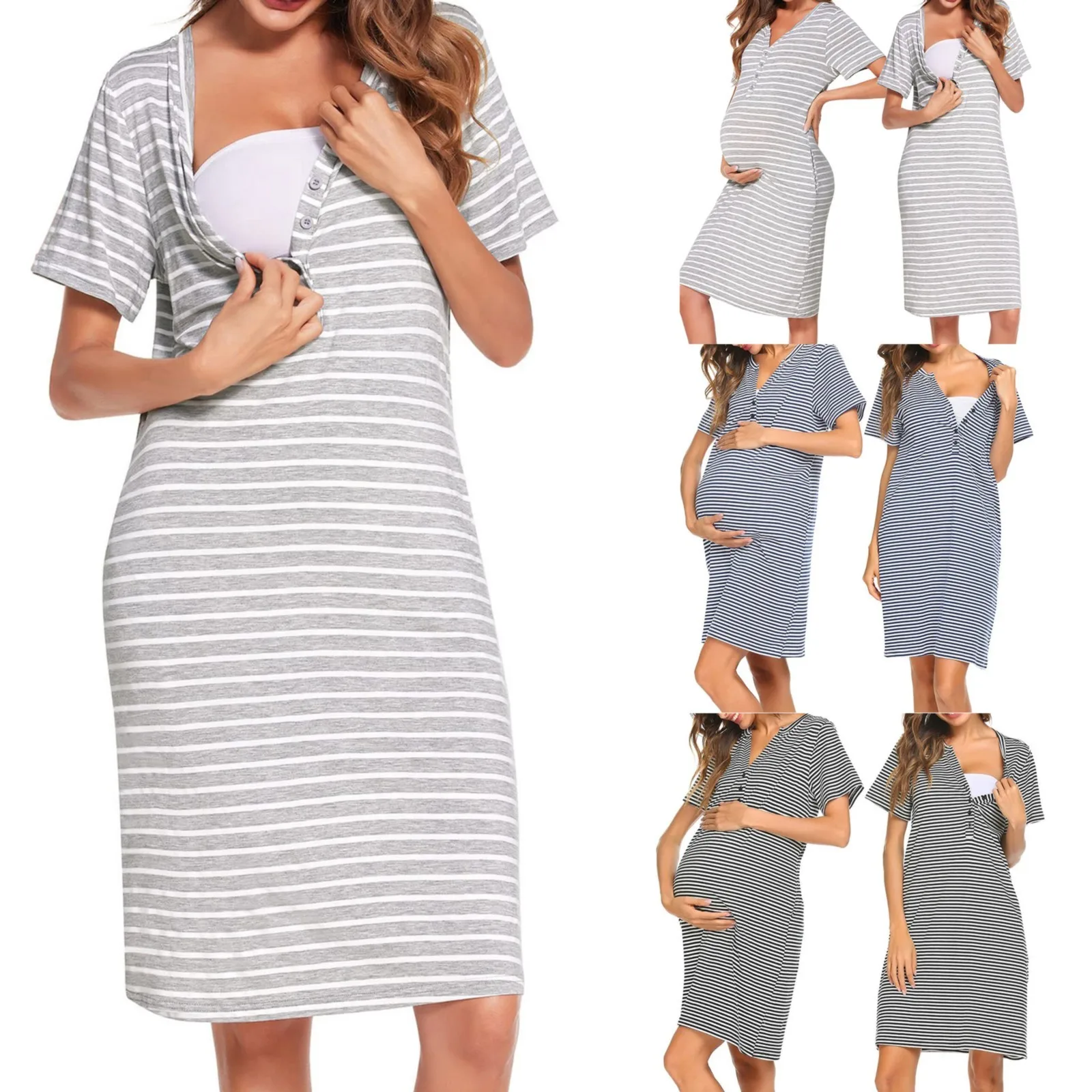 Повседневное платье в полоску для беременных Женская ночная рубашка на пуговицах с коротким рукавом для кормления Платье для сна для грудного вскармливания Платье халат