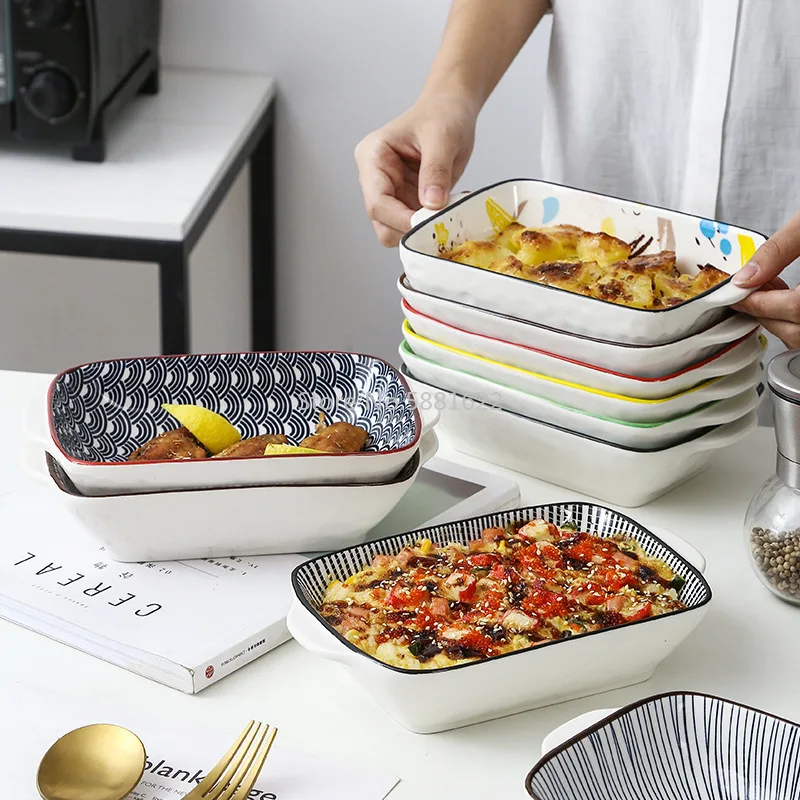 Подглазурная керамическая посуда в скандинавском минималистичном стиле, бытовая духовка, Специальное блюдо для запекания риса, прямоугольный противень с двойным ухом