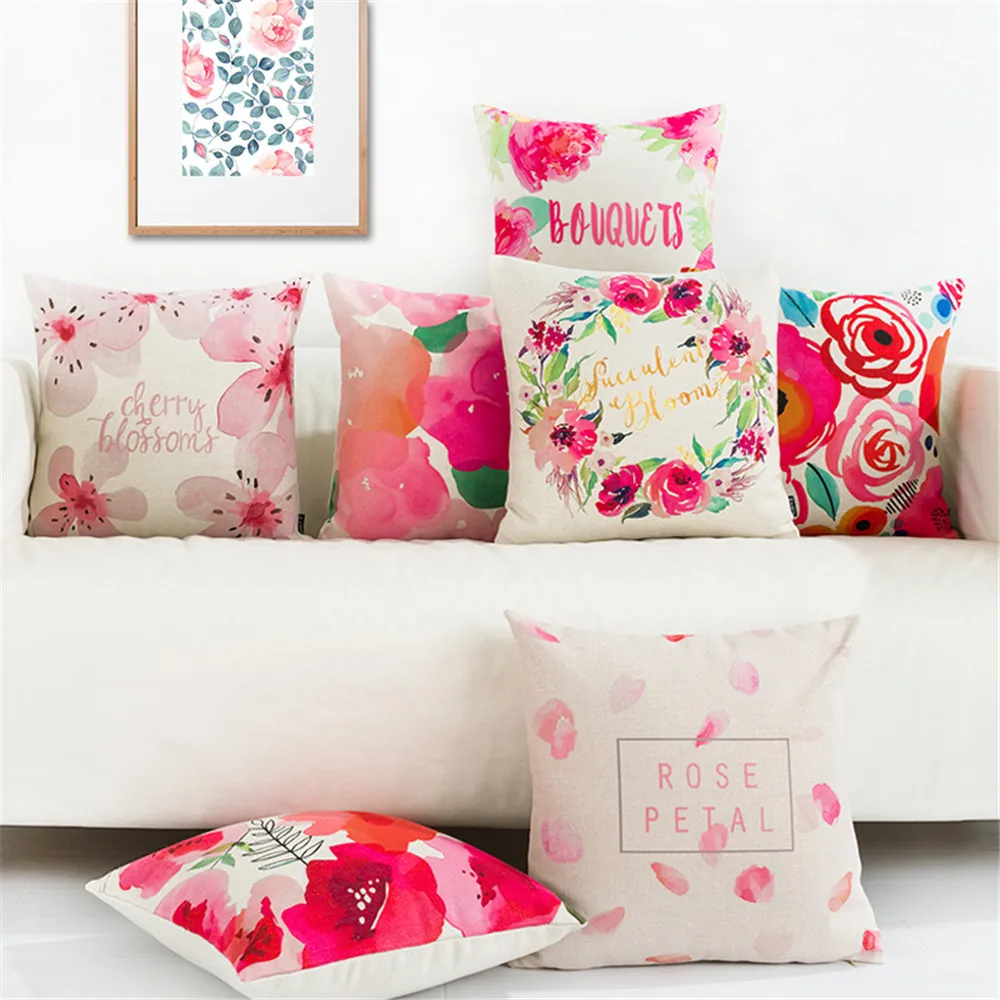 Подушка со свежим цветочным рисунком и красным растительным принтом, чехол для подушки, чехол для домашнего текстиля Funda Cojines, чехол для дивана