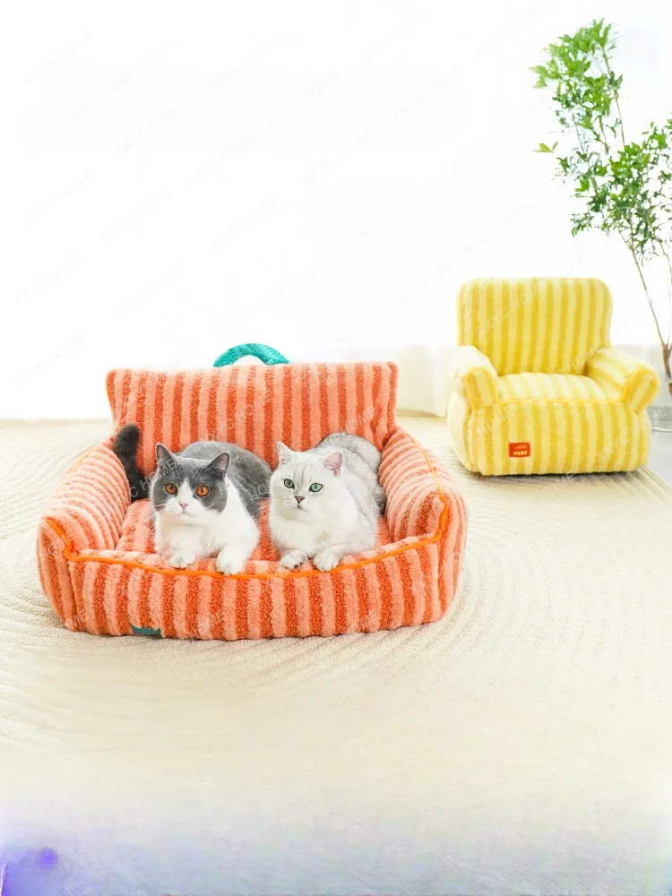Полосатая кровать для домашних животных, теплая кошачья кровать Four Seasons, универсальная съемная и моющаяся, милый диван для домашних животных, кошачье гнездышко, мягкая бархатная подушка