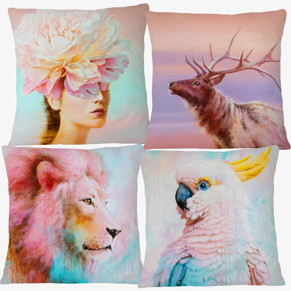 Портрет попугая, какаду, благородного оленя, Розового Льва, пиона, наволочка с цветочным принтом, цветная роспись, наволочка с художественным принтом