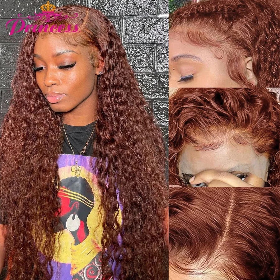 Принцесса 34-дюймовый Красновато-коричневый Фронтальный парик с глубокой волной 13x6 HD Кружевной Фронтальный Парик Цветной Парик из человеческих волос с глубокой волной 13x4 на шнурке спереди