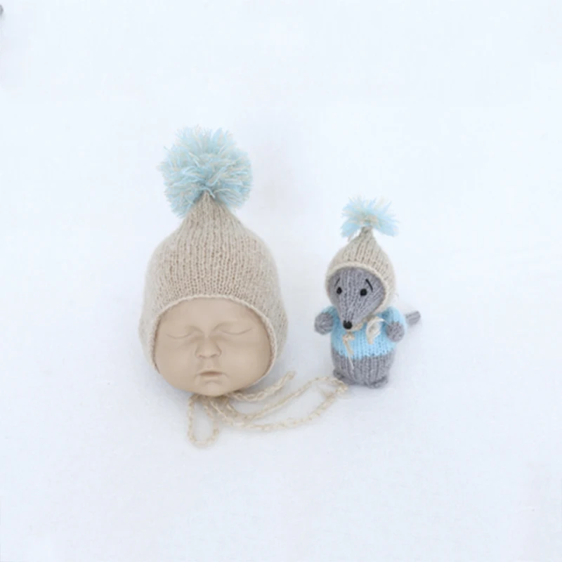 Реквизит для фотосъемки новорожденных, милый костюм животного, вязаная шапочка + Набор кукол-мини-мышек, аксессуары для фотосъемки новорожденных