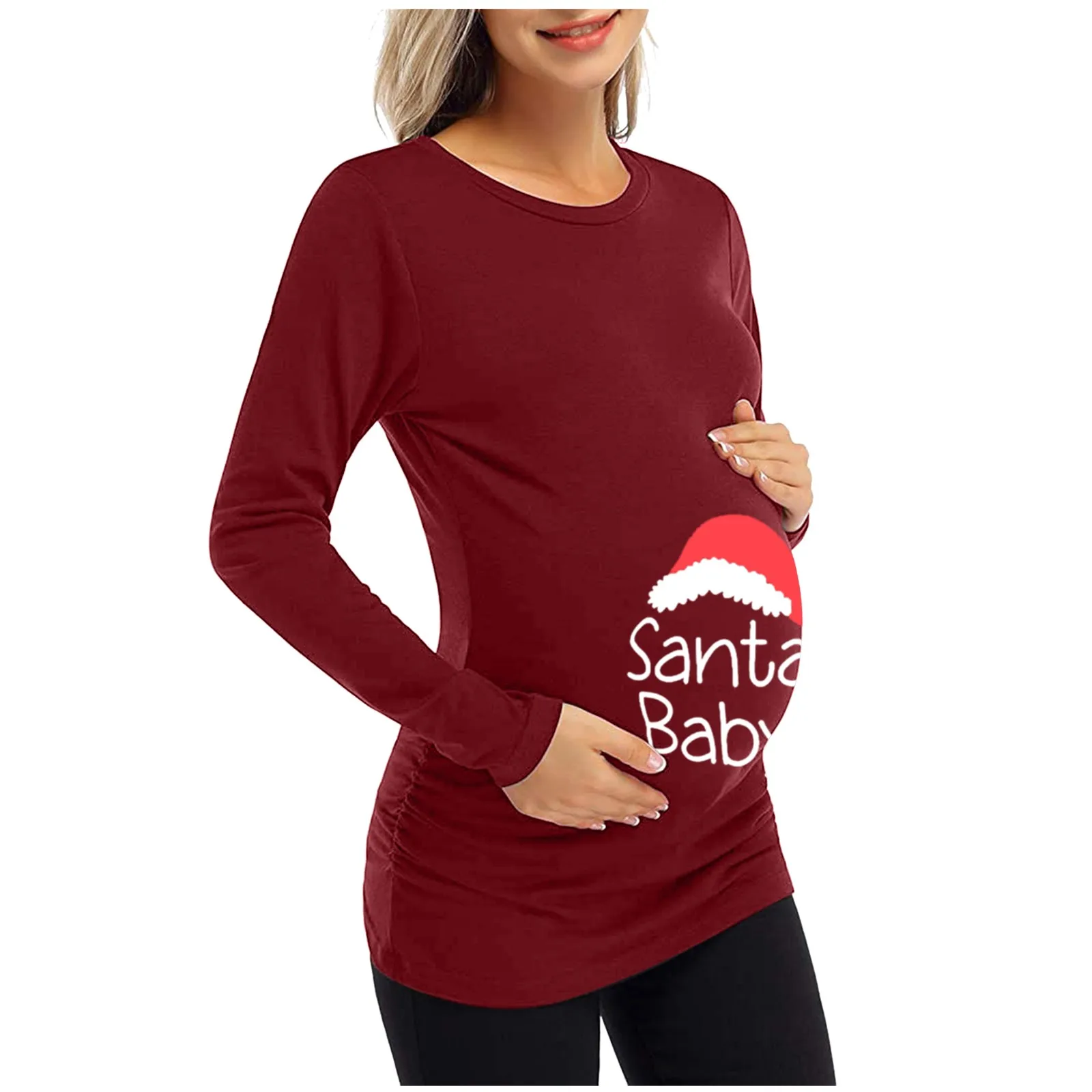 Рождественская женская футболка для беременных, повседневная футболка для беременных с длинным рукавом и буквенным принтом, туника, Верхнее платье для беременных, Vetement