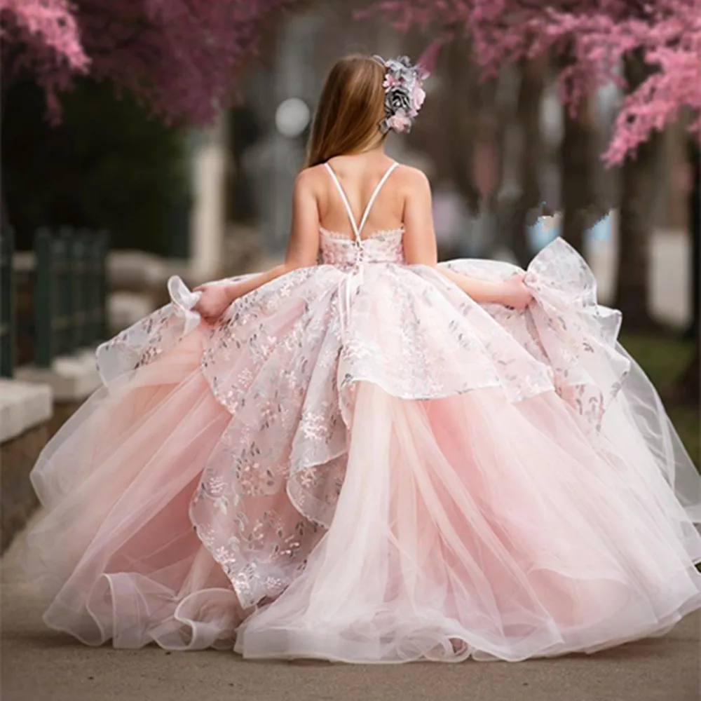 Розовое бальное платье с жемчугом, платья в цветочек для девочек, Свадебные платья с оборками и круглым вырезом, многоуровневые нарядные платья на день рождения, платье для первого причастия