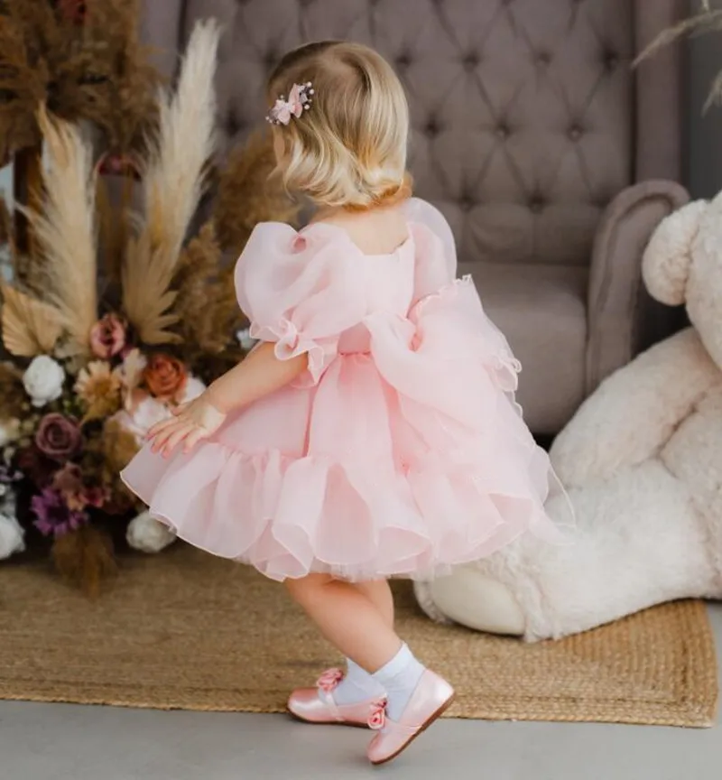 Розовый пышный костюм для девочки, платье-пачка для малышей, детское платье с цветочным узором для девочек длиной до колен, детский наряд на день рождения с большим бантом
