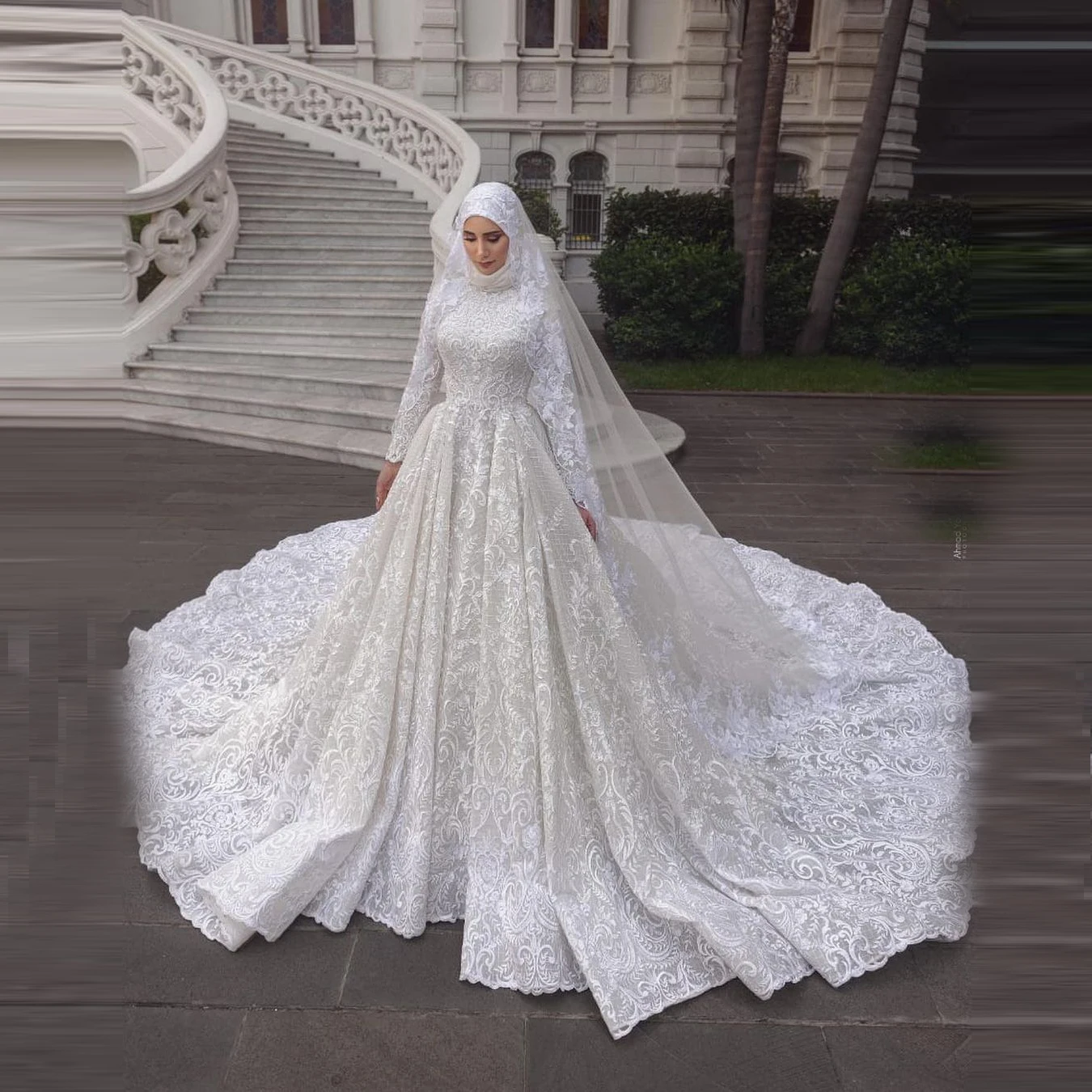 Роскошные кружевные мусульманские свадебные платья, Белые Свадебные платья с длинными рукавами и высоким воротом, Оборки, Длинное платье со шлейфом