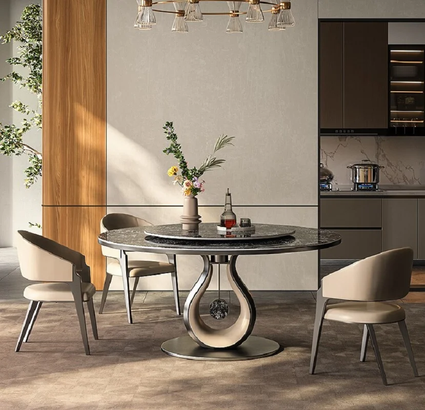 Роскошный Круглый обеденный стол из каменной плиты Высокого класса, итальянская легкая роскошь с поворотным столом, Дизайнерский обеденный стол