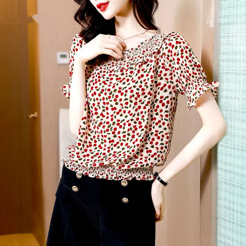 Рубашка с принтом в горошек во французском стиле, Модные сломанные цветы, Летняя Новинка, Элегантная блузка с вырезом лодочкой, женские гофрированные блузки с оборками