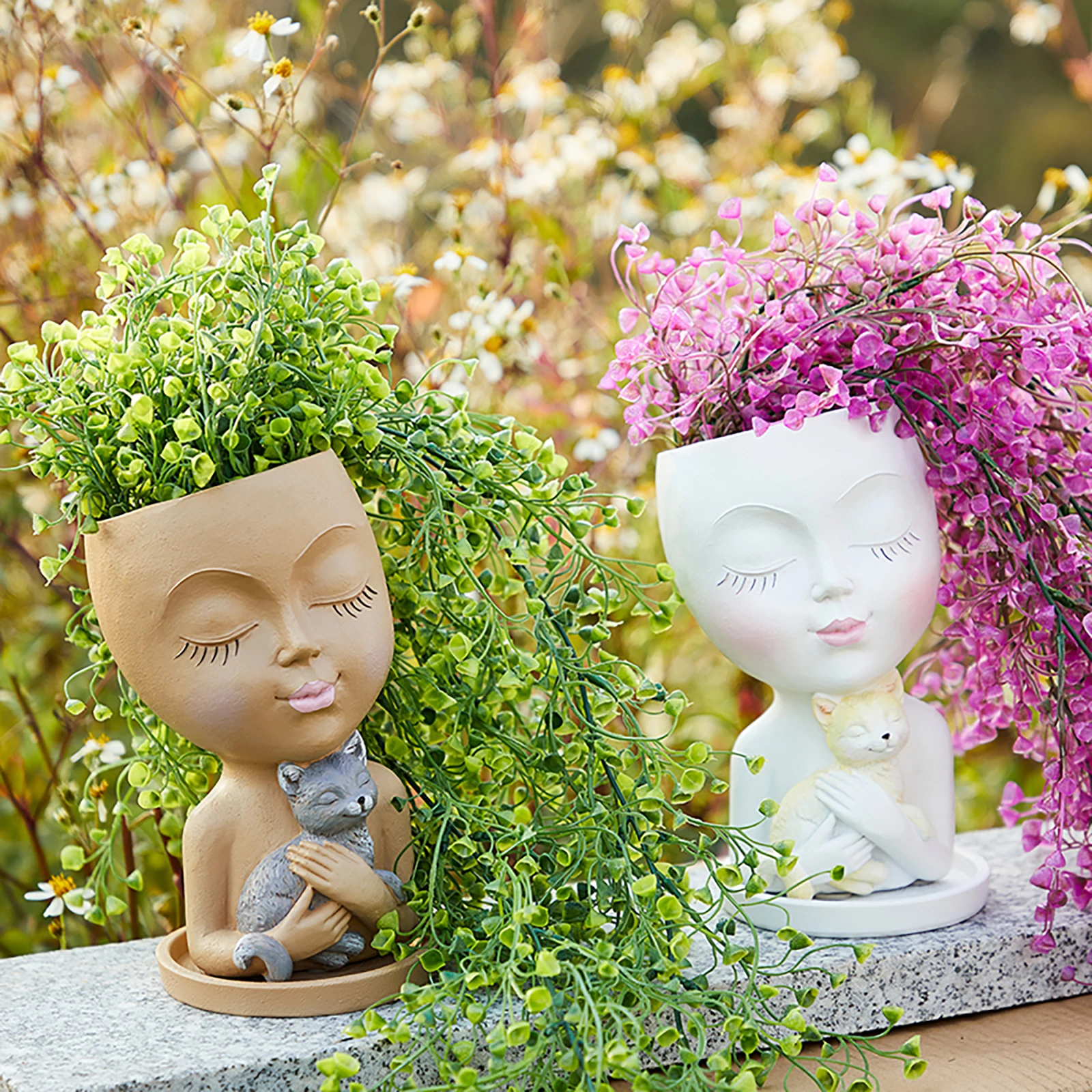Садовые суккулентные растения, цветочный горшок из смолы, скульптура для девочек-кошек, Мини-растение, ваза для цветов, горшок для растений, Креативный декор столешницы