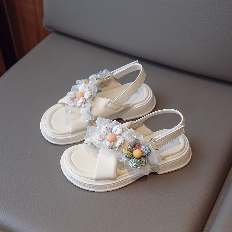 Сандалии для девочек, милые туфли принцессы с цветами, Летняя новинка, модная детская обувь для вечеринки, свадебные нескользящие пляжные сандалии H832