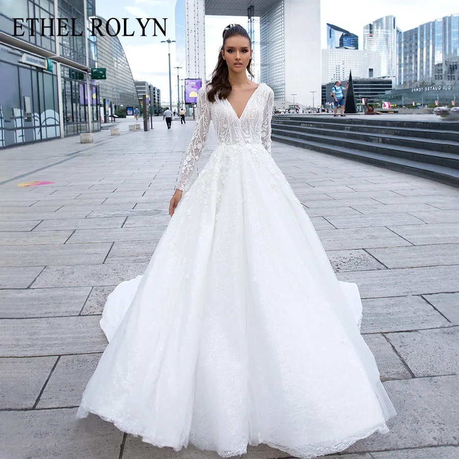 Свадебное платье принцессы ЭТЕЛЬ РОЛИН 2022 с длинным рукавом и V-образным вырезом, Роскошные Бисерные 3D аппликации, кружевные платья невесты, свадебные платья без спинки