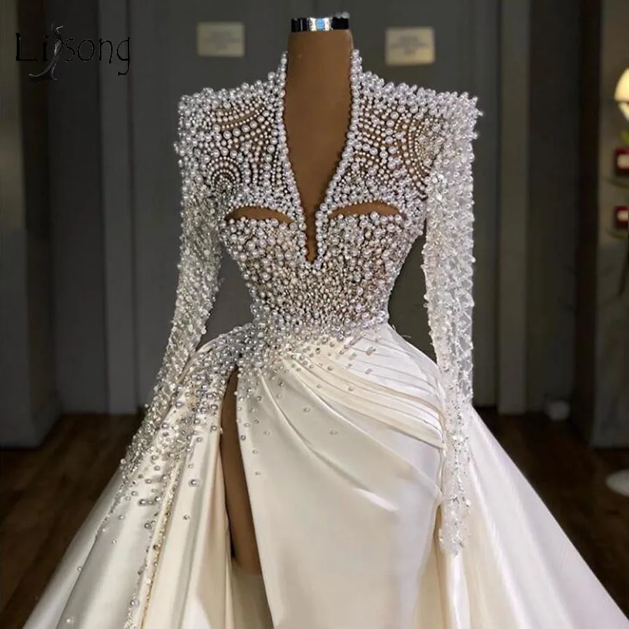 Свадебные платья 2020, расшитые жемчугом, просвечивают сквозь длинные рукава, свадебные платья-русалки со съемным шлейфом с разрезом по бокам.
