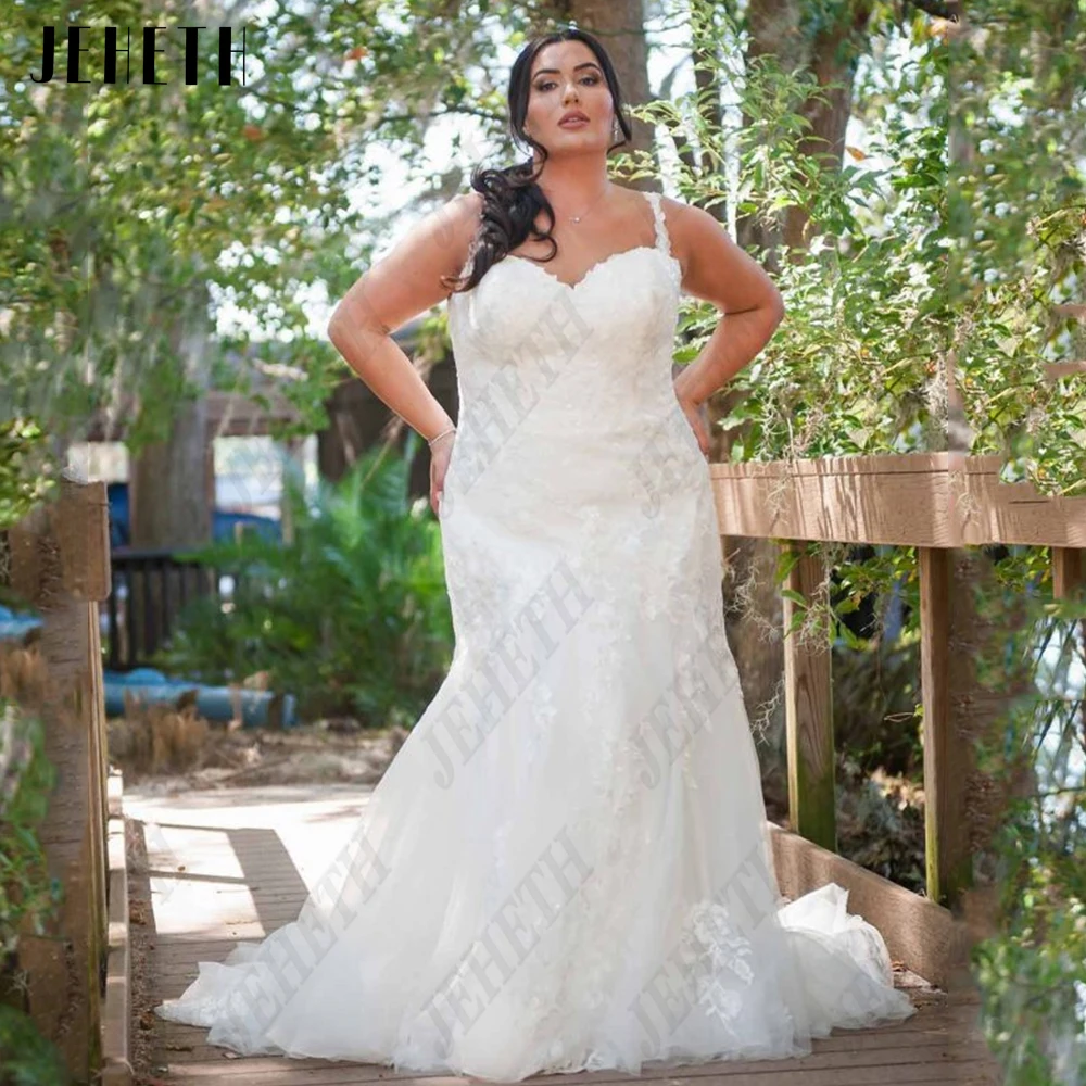 Свадебные платья JEHETH Mermaid, большие размеры, современные платья невесты на бретельках, Кружевная аппликация, тюль, vestidos de novia