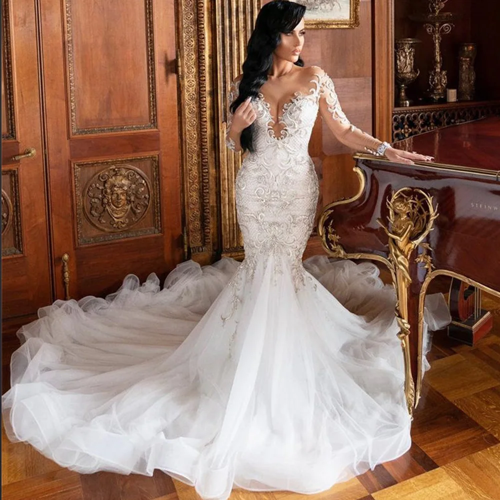 Свадебные платья Русалки с круглым вырезом и длинным рукавом, пуговицы сзади, расшитые бисером, Vestido De Noiva Sereia