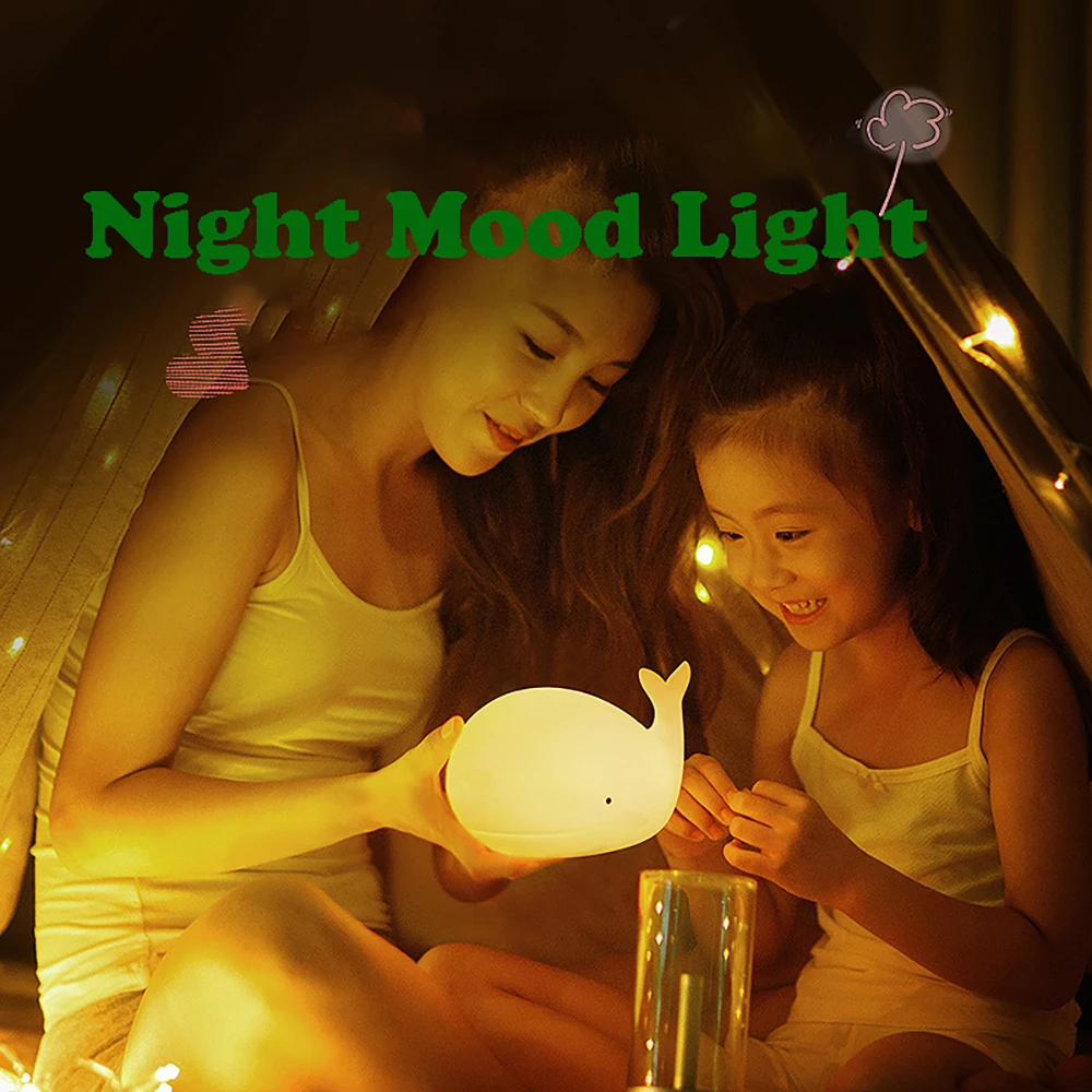 Светодиодный ночник, Мультяшный Кит, силиконовый светильник, перезаряжаемая RGB Атмосферная лампа, Прикроватный декор для спальни, детские праздничные подарки