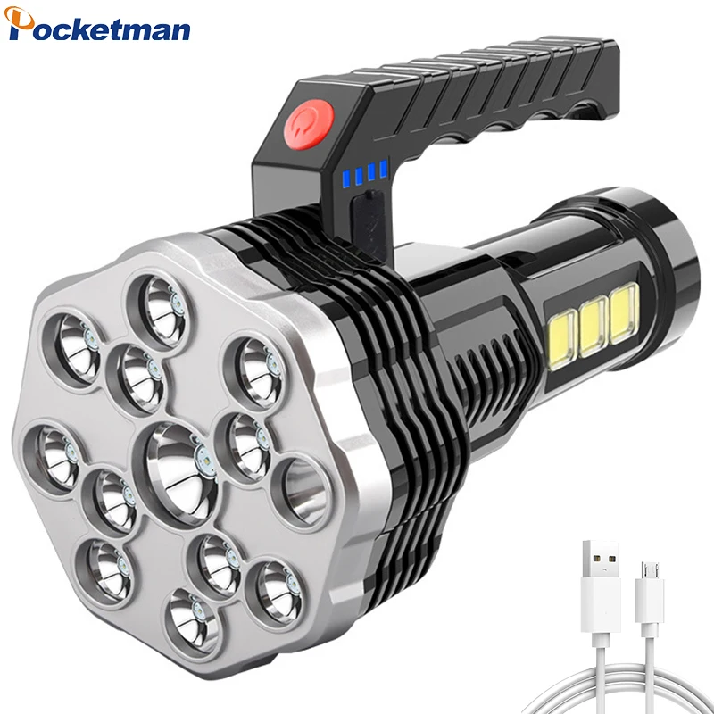 Светодиодный фонарик высокой мощности, мощный USB-аккумуляторный фонарик, портативная уличная лампа, встроенный аккумулятор, COB 13 светодиодных фонарей