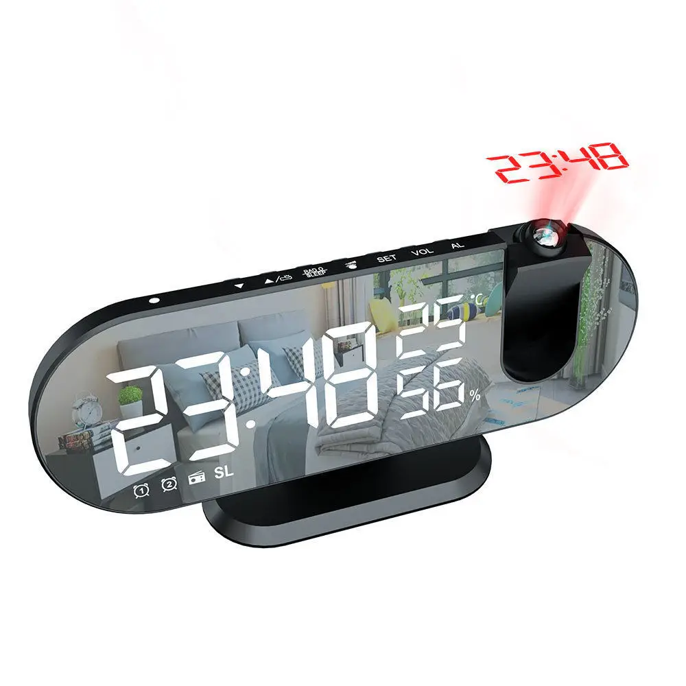 Светодиодный цифровой зеркальный будильник Настольные электронные настольные часы USB-будильник FM-радио Проектор времени Функция повтора 2 будильника