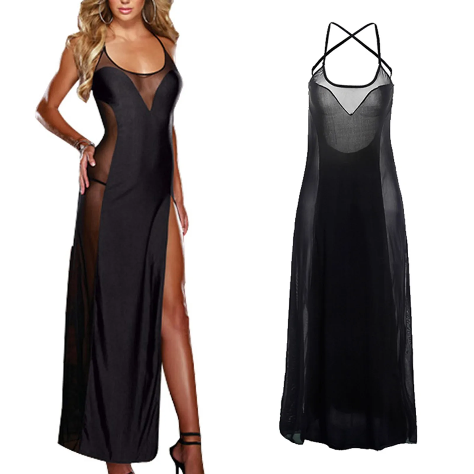 Сексуальное женское сетчатое прозрачное длинное платье, женская сексуальная ночная рубашка с открытой спиной, Черные прозрачные длинные платья, платье на бретелях без рукавов, пижамы