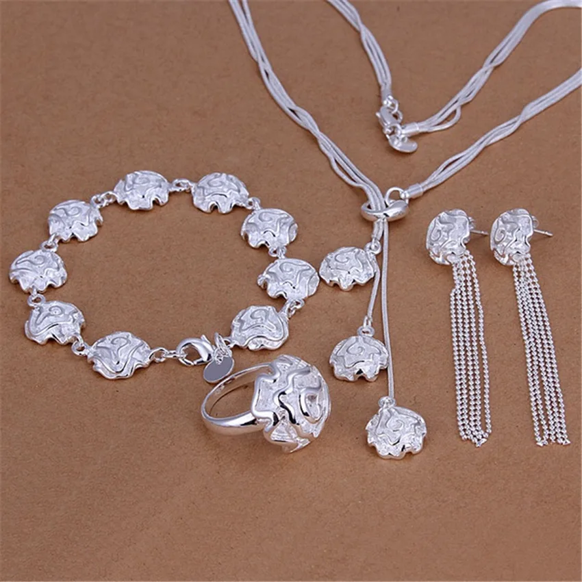 Серебро 925 пробы, изысканные кольца с розами в стиле ретро, Браслеты, ожерелья, серьги, набор украшений для женщин, Модные подарки для вечеринок
