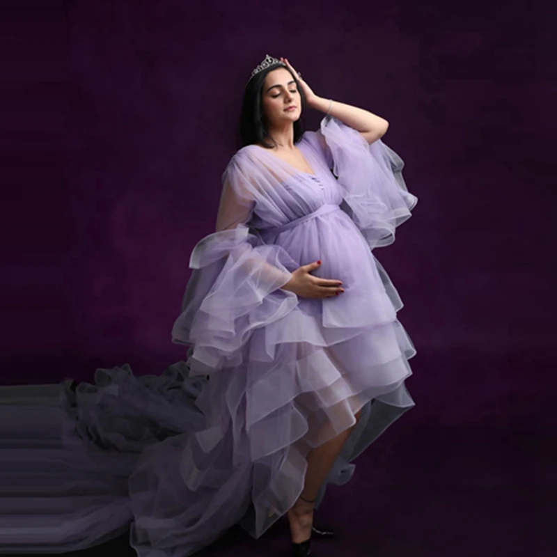 Скромные светло-фиолетовые тюлевые платья для беременных с расклешенными рукавами, модные многоуровневые платья для беременных с высокими и низкими оборками для фотосессии